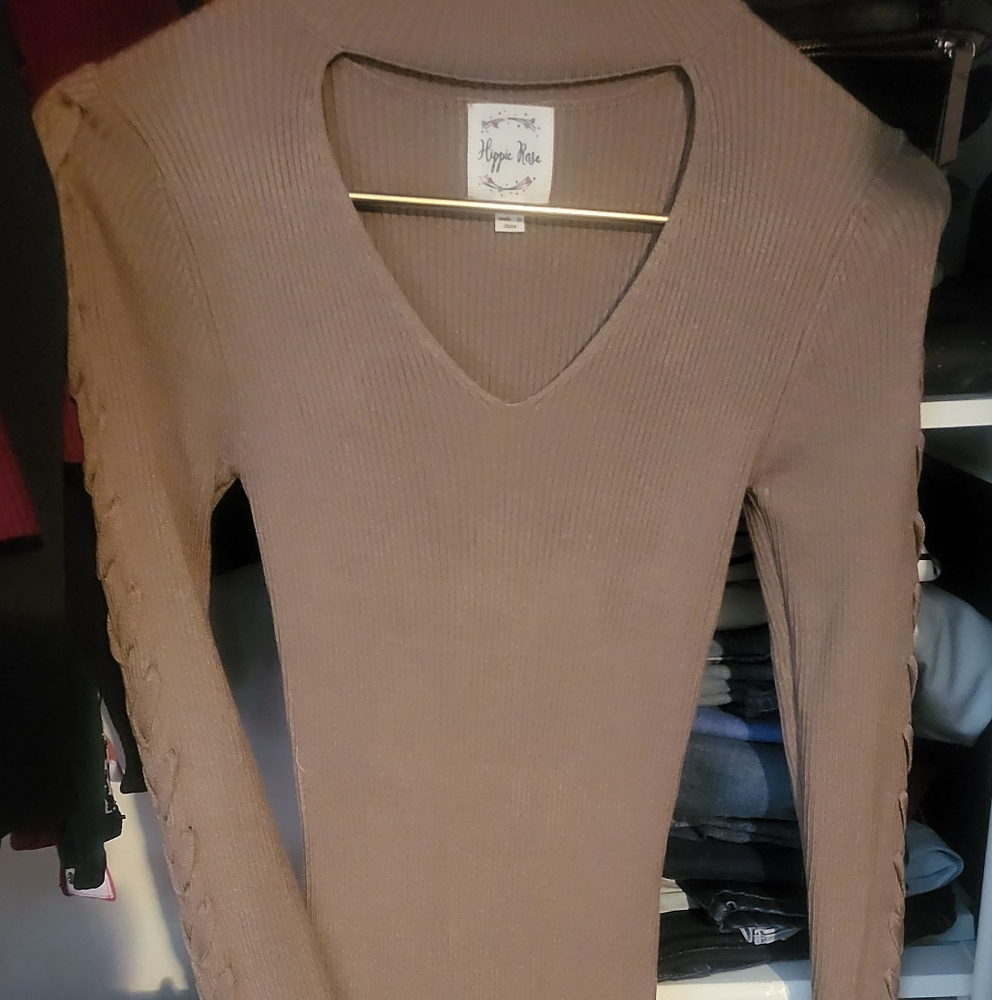 Hippie Rose Tan Sweetheart Key hole cut-out Chest, Long Sleeve Bodycon Dress